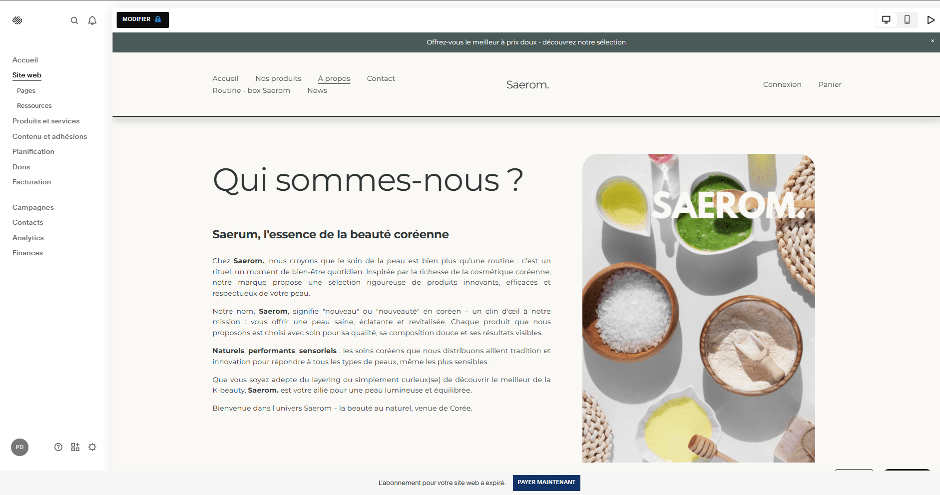 Captures du site Saerom, projet K-beauty en cours, capture 3 sur 5